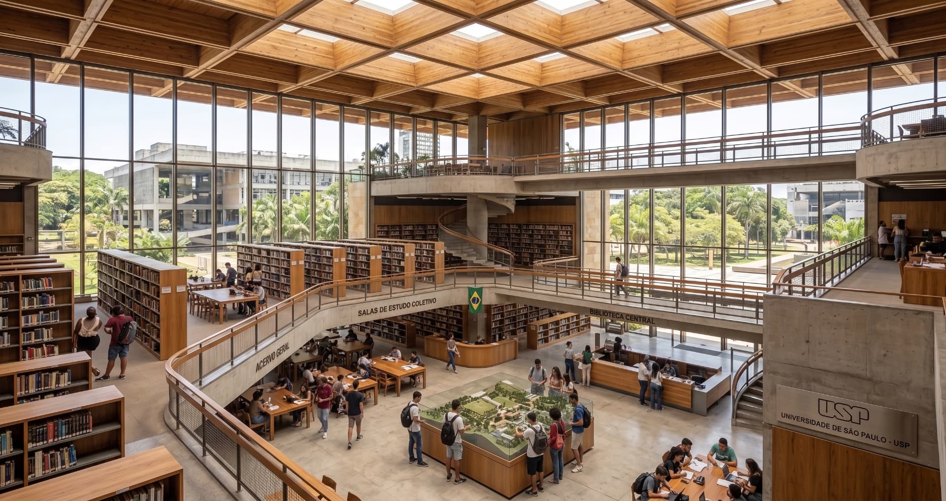 Estudantes usando uma biblioteca universitária ampla e integrada